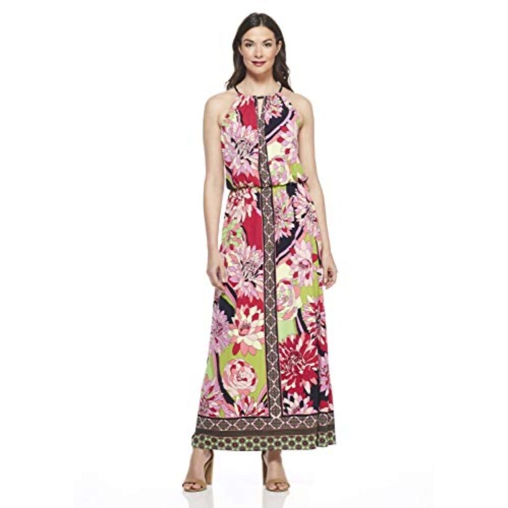 London Times Pink Floral Halter Maxi Length Dress‎ Size 8 Pink Romantic Elegant